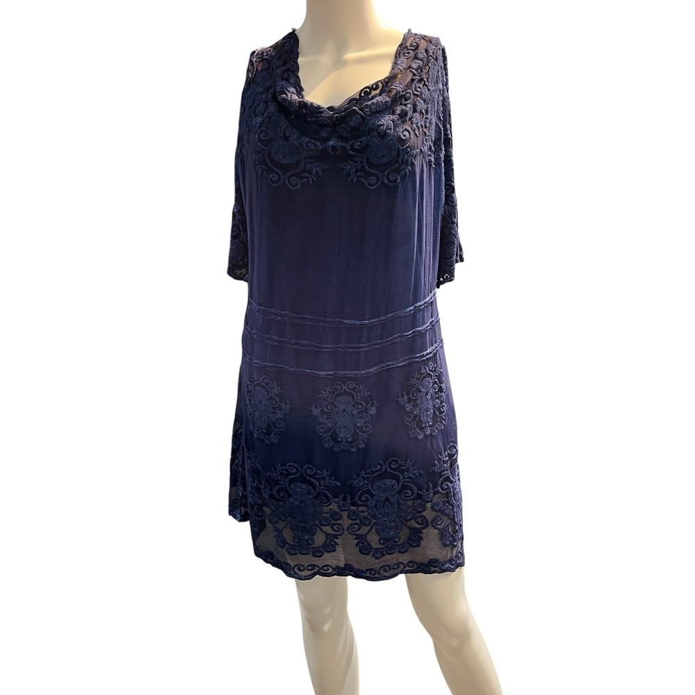 Soft Surroundings Dress Blue Indigo Sheer Silk Mesh Overlay Lined Midi M Boho